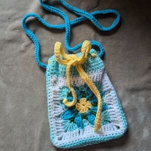 Handmade Crochet Floral Crossbody Bag in Blue and Yellow